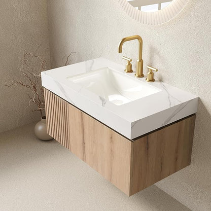 KEIKI 36 Inch Floating Bathroom Vanity with Sink, White Oak & White | Modern Wall Mounted Storage Cabinet w/ Drawer & Door, Pre-assembled Wood Panels, Sintered Stone Top & Ceramic Basin Combo Set