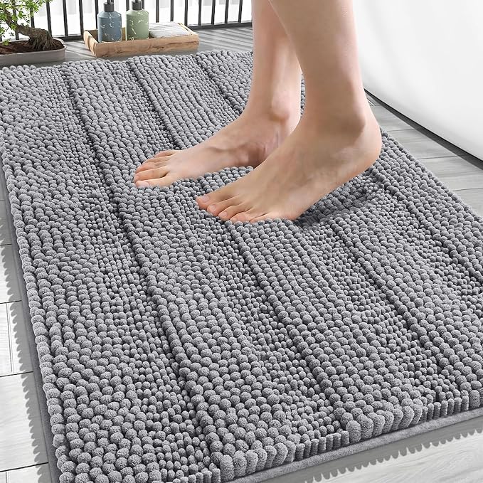 OLANLY Thick Bathroom Rugs 34x21, Soft Chenille Striped Bath Rugs, Grey | Rubber Backing, Machine Wash, Extra Absorbent Bath Mats for Bathroom Floor, Tub and Shower, Home Decor Accessories