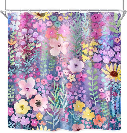 Purple Floral Boho Cute Wildflower Watercolor Bathroom Shower Curtain Set | 72"W x 72"H Leaves Botanical; waterproof HD print, quick-dry fabric with 12 hooks for easy hanging.