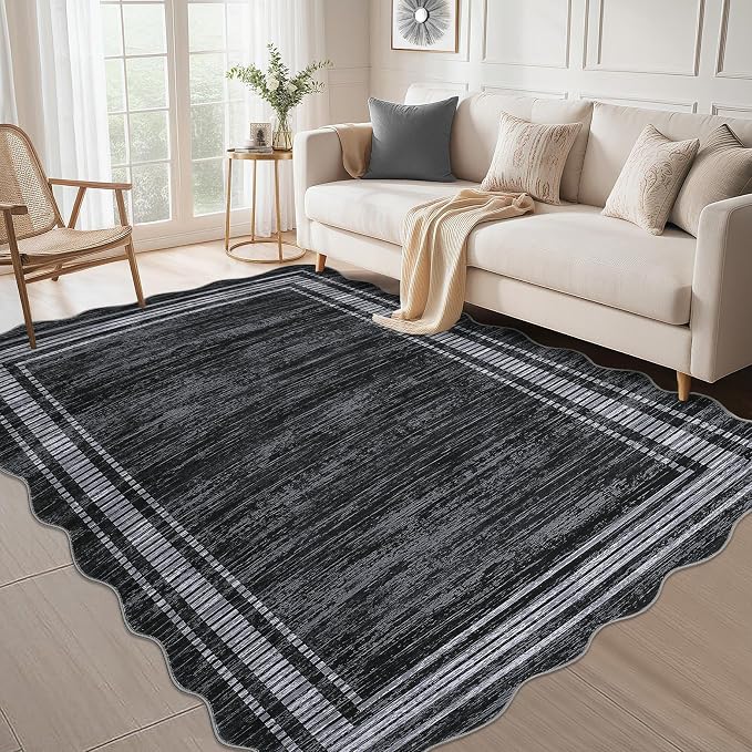 Garvee Scalloped Area Rug 10x13 Washable Rug for Living Room | Girls Rug for Bedroom Non-Slip Soft Carpet for Bedroom, Scalloped Low-Pile Print Accent Rug for Dining Room Home Office