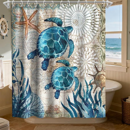 Cute Rustic Ocean Shower Curtain, Nautical Beach Coastal Sea Turtles Shower Curtains for Bathroom, Waterproof Bath Curtain with Hooks Machine Washable Bathtub Curtains 72x78 Inch Blue Teal