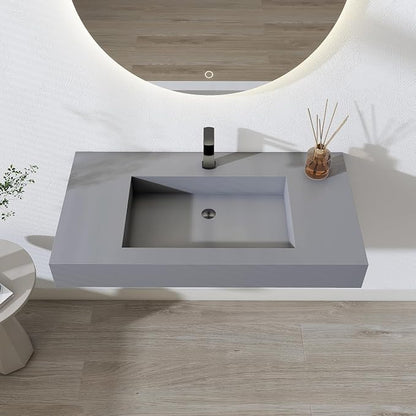 SJ STAR&JANE 35" x 19" in Solid Surface Bathroom Sink, Wall-Mount or Countertop Vessel Sink, Rectangle Floating Vanity Sink in Light Gray, Pre-installed Faucet Holes, Durable Modern Design