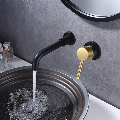 SUMERAIN Wall Mount Bathroom Faucet Black and Gold Wall Mount Faucet for Bathroom Sink, with Two Handles and Rough in Valve