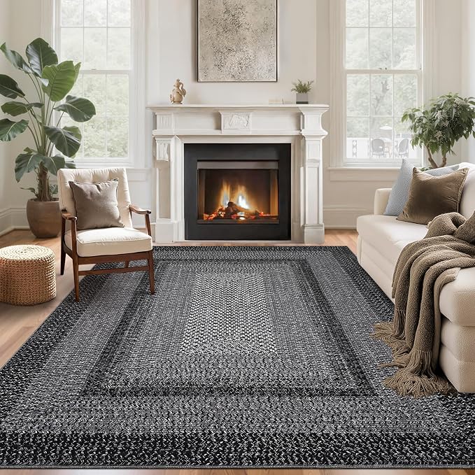Imitation Braided Collection-Print Washable Rug 9x12 Area Rug for Bedroom Modern Living Room Rug Soft Large Area Rug Non Slip Throw Rugs Stain Resistant Carpet for Nursery Dining Room Office