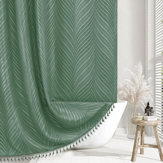 Extra Long Green Boho Shower Curtain, 72 x 84 Tufted Leaves Textured Striped Modern Farmhouse Minimalist Cloth Shower Curtain for Bathroom
