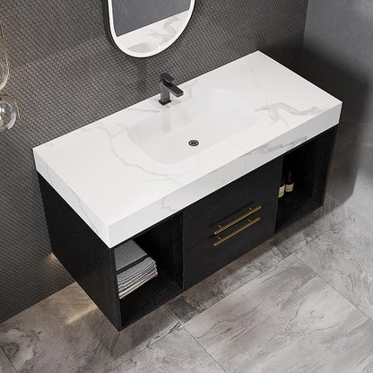 40" Modern Black Bathroom Vanity, Floating Bathroom Vanities with Ceramic Sink, 40 inch Wall Mounted Bathroom Sink Storage Cabinet with 2 Drawers&2 Open Shelves&Gold Metal Handle
