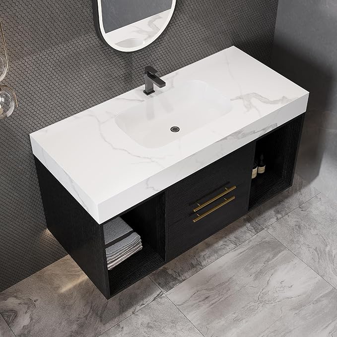 Pvillez 40 inch Bathroom Vanity with Ceramic Sink and Sinter Stone Marble Counter Top Modern Wall Mounted Floating Bathroom Sink Cabinet with 2 Drawers&2 Open Shelves&Gold Metal Handle,Black