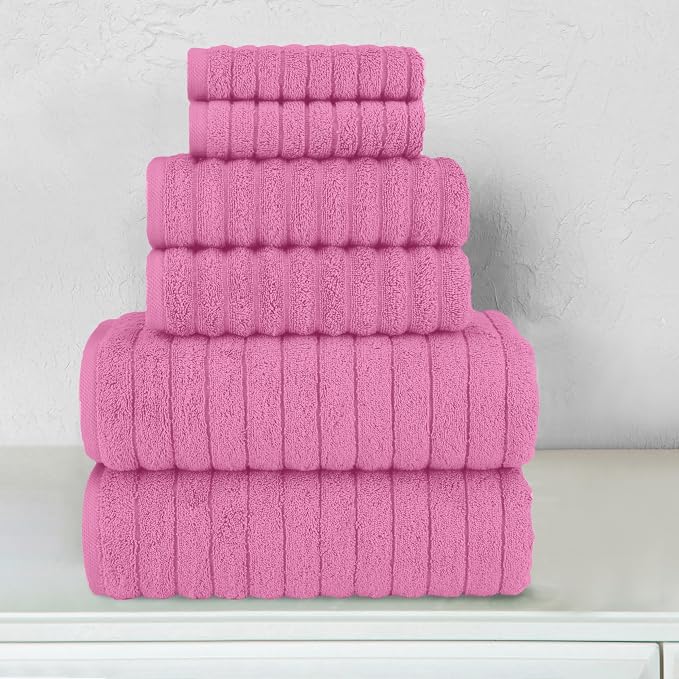 Elegant Comfort 100% Turkish Cotton Corduroy Ribbed Luxury Bath Towels 6-Piece Set, Premium Feel - Quick Dry, Highly Absorbent, Contains 2 Bath Towels, 2 Hand Towels, and 2 Washcloths, Light Pink