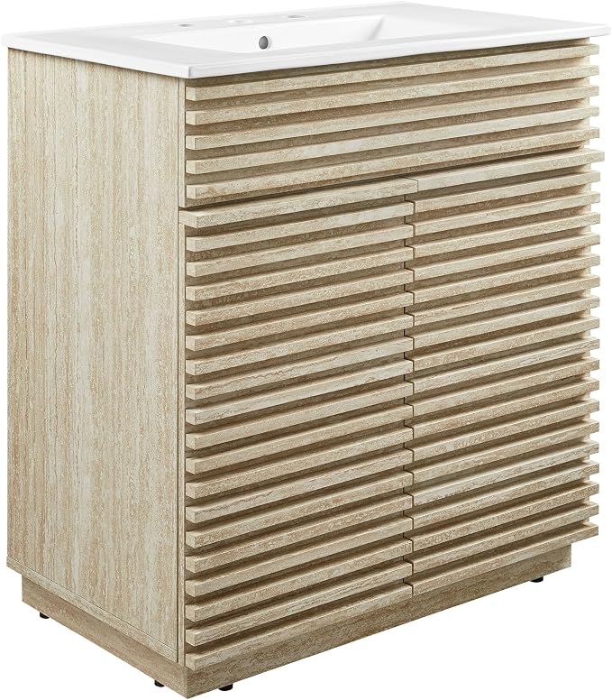 Modway Render Faux Travertine Slatted 30 Inch Bathroom Vanity in White with Sink Combo - Mid-Century Modern Single Sink Bathroom Vanity - Vanity Cabinet with Soft-Close Doors