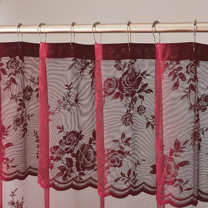 Burgundy Lace Shower Curtain for Bathroom Vintage Maroon Floral Shower Curtain with Attached Valance, Decorative Romantic Victorian Lace Bath Curtains Luxury Wine Bathroom Decor, 36 x 72 Inch, 1 Panel