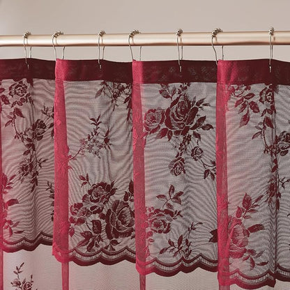 Burgundy Lace Shower Curtain for Bathroom Vintage Maroon Floral Shower Curtain with Attached Valance, Decorative Romantic Victorian Lace Bath Curtains Luxury Wine Bathroom Decor, 72 x 72 Inch, 1 Panel