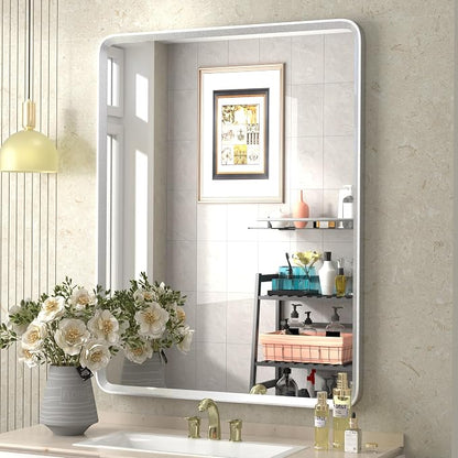 28x36 Brushed Silver Mirror for Bathroom | Silver Metal Framed Vanity Mirror, Beveled Border, Round Corner, Shatterproof, Anti-Rust (Horizontal/Vertical)