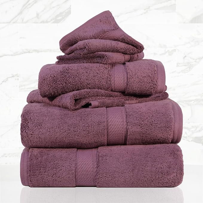SUPERIOR Egyptian Cotton Ultra Plush & Absorbent, 6 Piece Set, Plum | Quick Dry, Soft Luxury Towel Set, Bath Essentials, Guest Bath, Spa, 2 Bath, 2 Hand, 2 Face Towels, Madeline Towels