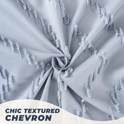 78inches Long Light Blue Boho Fabric Shower Curtain Tufted Chevron Striped Textured Cloth Curtains for Bathroom, Fog Blue