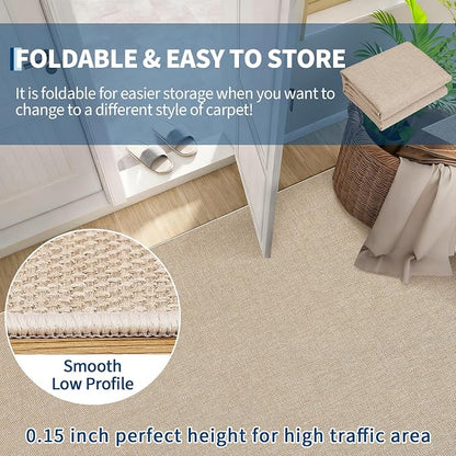 Garvee Large Washable Rug 9x12 Modern Solid Rugs for Living Room Tan | Non Slip Woven Textured Bedroom Rug Ultra-Thin Non-Shedding Farmhouse Carpet Neutral Foldable Throw Rugs for Bedroom Office