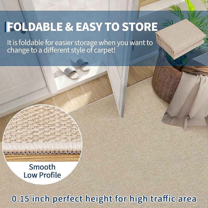 Garvee Woven Textured Area Rug 5x7 Washable Rugs for Living Room Tan | Non Slip Non-Shedding Bedroom Rug Ultra-Thin Low Pile Carpet Farmhouse Neutral Floor Mat for Nursery Dining Room Office Dorm