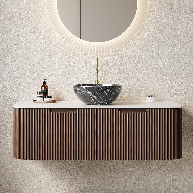 Yayzy 48" Floating Bathroom Vanity with Sink, Solid Wood Fluted Cabinet, White Marble-Patterned Ceramic Basin & Faux Marble Top, Soft-Close Drawer, Pre-Assembled, Walnut Woodgrain