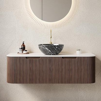 Yayzy 48" Floating Bathroom Vanity with Sink, Solid Wood Fluted Cabinet, White Marble-Patterned Ceramic Basin & Faux Marble Top, Soft-Close Drawer, Pre-Assembled, Walnut Woodgrain