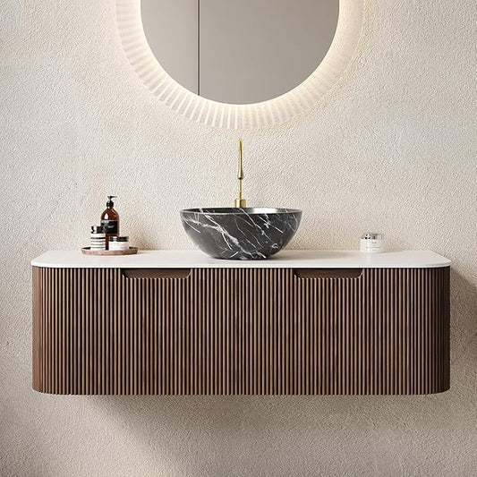 Yayzy 48" Floating Bathroom Vanity with Sink, Solid Wood Fluted Cabinet, White Marble-Patterned Ceramic Basin & Faux Marble Top, Soft-Close Drawer, Pre-Assembled, Walnut Woodgrain