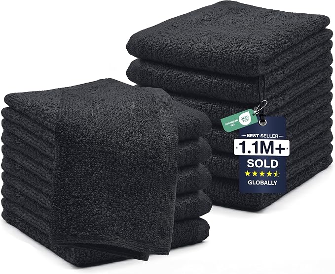 DAN RIVER 12 Pack Cotton Wash Cloths Set for Showering [12x12] Charcoal | Lighter Weight, Quick to Dry, Super Soft & Absorbent Face Towels, Hotel Quality, Perfect for Bathroom, Gym, Spa