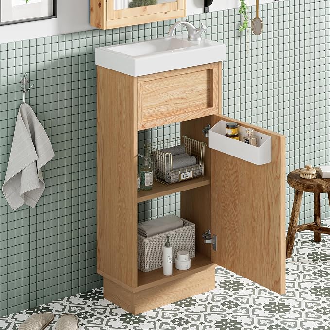 Merax Modern Rustic 15.75'' Bathroom Vanity with Resin Sink, Solid Wood Bathroom Storage Cabinet with Adjustable Shelf & Push-to-Open Door for Small Spaces, Natural