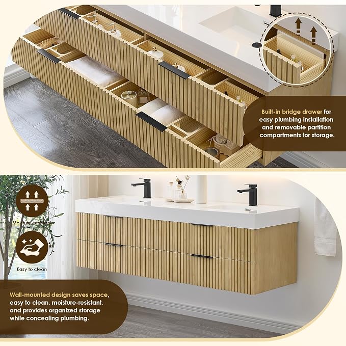 72 Inch Floating Sink Bathroom Vanity Wall Mount Double Vanities with Top | Pre-Assembled, Sturdy Solid Wood, Modern Vanity, Ceramic Sink, Large Storage Cabinet, Soft Closing Doors, Dovetail Drawers