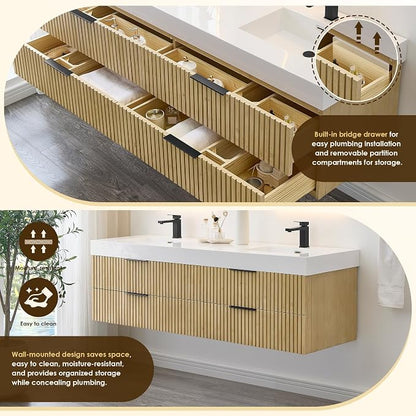72 Inch Floating Sink Bathroom Vanity Wall Mount Double Vanities with Top | Pre-Assembled, Sturdy Solid Wood, Modern Vanity, Ceramic Sink, Large Storage Cabinet, Soft Closing Doors, Dovetail Drawers