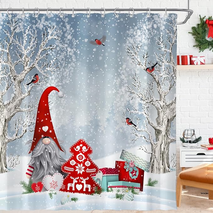 Winter Christmas Shower Curtain for Bathroom 72W*72H Inch Cute Gnome Cardinals Snowflake Snowy Bird Forest Holiday Decorations Bathtub Decor Waterproof Polyester Fabric Set