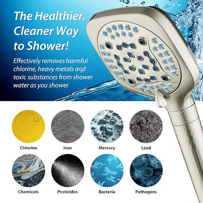 AquaCare 4X 10-Mode High Pressure Hand Shower w/Filter & 2-mode Power Wash | Filters Chlorine & Toxins, Softens Hard Water for Healthy Skin & Hair. Handheld Power Head Cleans Tub, Tile & Pets / Nickel