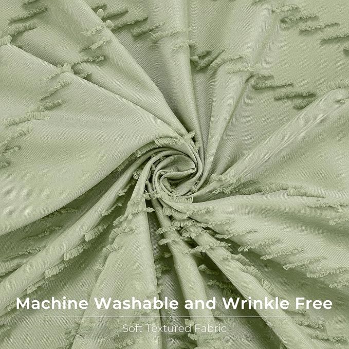 Green Boho Woven Fabric Tufted Chervon Textured Modern Minimalist Neutral Striped Waterproof Shower Curtain 72 x 72 Inches