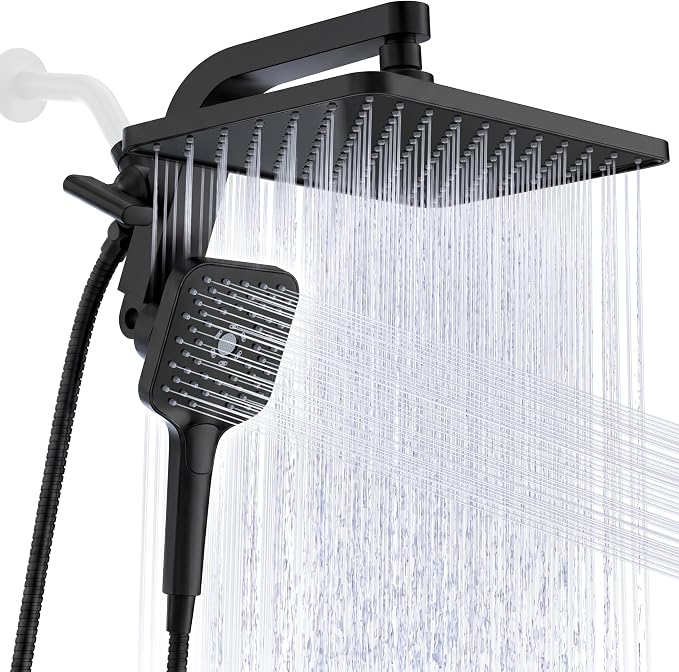 12" XXL Rainfall Shower Head with Handheld Combo Set, Matte Black | High Pressure, Magnetic Docking, Air-Infusion Tech, Anti-Leak One-Piece Design, Dual Square Showerhead