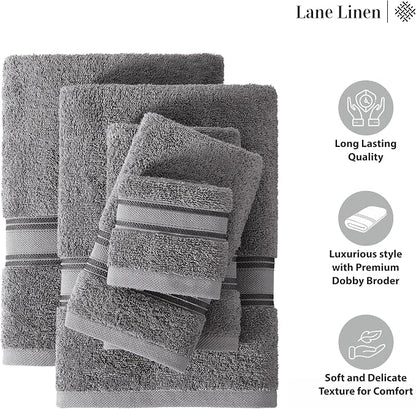 LANE LINEN Bathroom Towel Set 3 Piece Soft Absorbent Quick Dry - Cool Grey | Pack Of Towels - Coordinated Colors, Dobby Border Accent, OEKO-TEX Certified, Zero-Twist Durability, Zero-Twist Cotton