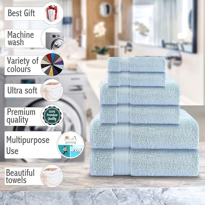 CRAFTBERRY-6 Piece Cotton Bath Towel Set-2 Bath - 2 Hand - 2 Face, Sky Blue | 100% Cotton • Thick & Plush • Hotel Quality • Ultra Soft • Highly Absorbent • Quick Dry • Low Lint • Machine Washable