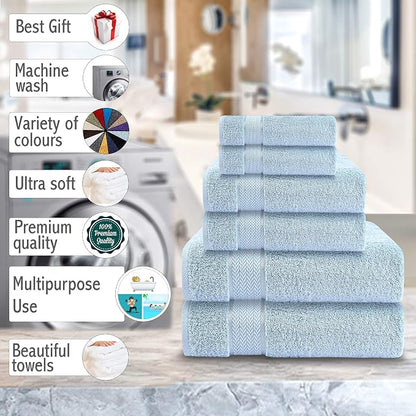 CRAFTBERRY-6 Piece Cotton Bath Towel Set-2 Bath - 2 Hand - 2 Face, Sky Blue | 100% Cotton • Thick & Plush • Hotel Quality • Ultra Soft • Highly Absorbent • Quick Dry • Low Lint • Machine Washable