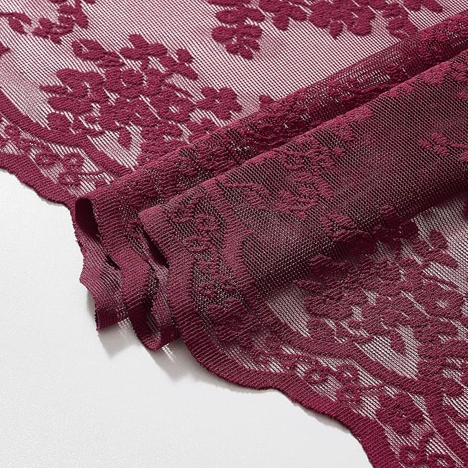Burgundy Lace Shower Curtain, 72x72, Vintage Floral with Attached Valance | Maroon Shower Curtain with Scalloped Edge, Light Filtering, Adds Vintage Romantic Victorian Charm to Bathroom, Magenta