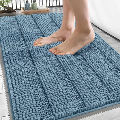 OLANLY Thick Bathroom Rugs 34x21, Chenille Striped Bath Rugs, Airy Blue | Rubber Backing, Machine Wash, Extra Soft Absorbent Bath Mats for Bathroom Floor, Tub and Shower, Home Decor Accessories