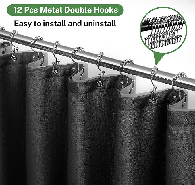 3 in 1 Shower Curtain Set, 72x78 Black Shower Curtain and Liner Set with 12 Double Sided Shower Curtain Hooks, Cloth Shower Curtains for Bathroom,Waterproof