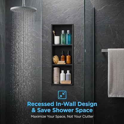 304 Stainless Steel Shower Niche 12” x 36” for Bathroom Storage | Matte Black Recessed Shower Niche No Tile Needed with 3-Tier Shelves