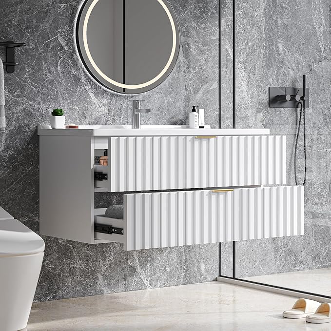 ONBRILL 36 Inch Bathroom Vanity with Sink Combo, Floating Bathroom Vanity with 2 Fluted Drawers & Metal Handle, Modern Wall Mount Storage Cabinet with Ceramic Integrated Sink for Small Space (White)