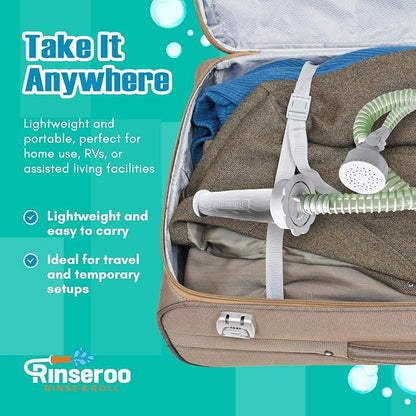 Rinseroo Slip-On Handheld Shower Attachment Hose w/Spray Head | Seated Bathing, Converts Fixed Shower Head, Portable No-Install, For Seniors & RV, Gravity Fed