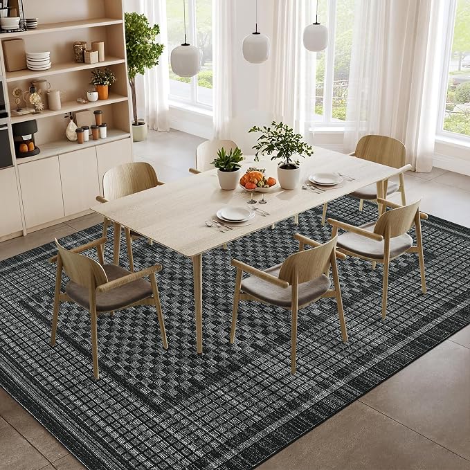 Large Area Rug 10x13 Rug for Living Room Modern Black Checkered Washable Bedroom Rug Farmhouse Non Slip Throw Rugs Soft Low Pile Stain Resistant Carpet for Dining Room Department 10'x13'