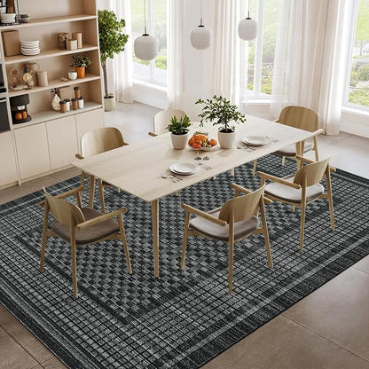 Large Area Rug 10x13 Rug for Living Room Modern Black Checkered Washable Bedroom Rug Farmhouse Non Slip Throw Rugs Soft Low Pile Stain Resistant Carpet for Dining Room Department 10'x13'
