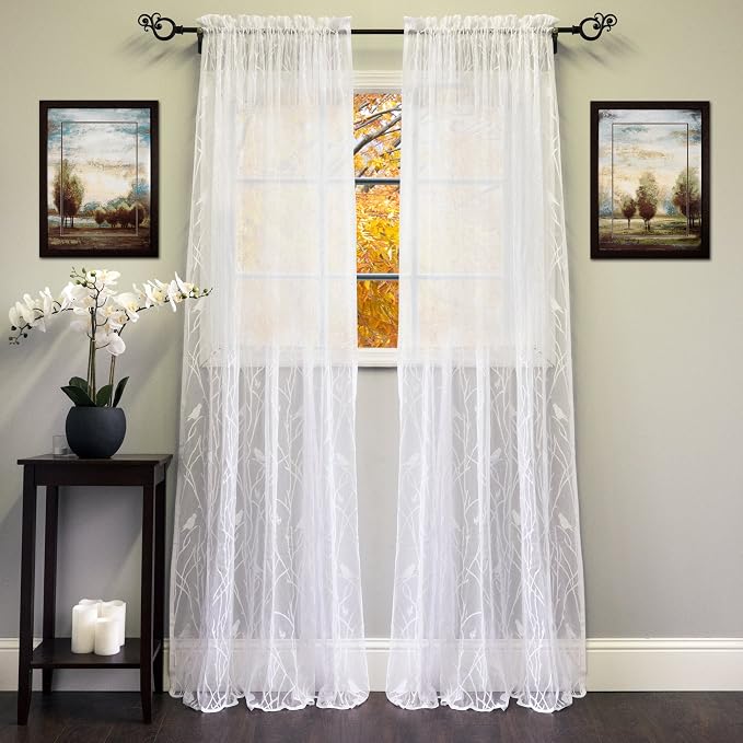 Sweet Home Collection Window Curtains Treatment Panel 63" or 84" Long in Stylish and Unique Patterns and Designs for All Home Décor Songbird White