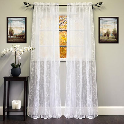 Sweet Home Collection Window Curtains Treatment Panel 63" or 84" Long in Stylish and Unique Patterns and Designs for All Home Décor Songbird White