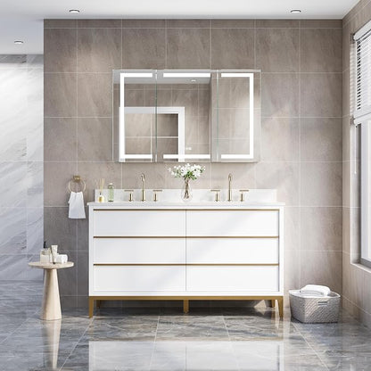 WELLFOR 48" X 30" Bathroom LED Medicine Cabinet with Mirror, Medicine Cabinet with Lights, Bathroom Mirror with Storage, Dimmer, Defogger, Outlets & USB Ports, Lighted Mirror Cabinet