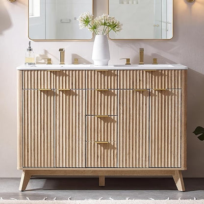 T4TREAM 48" Fluted Bathroom Vanity with Resin Sink Combo，Freestanding Modern Bathroom Storage Vanity Cabinet with Soft Closing Doors & 2 Drawers，Wood Grain Texture，Metal Handle，Natural Oak