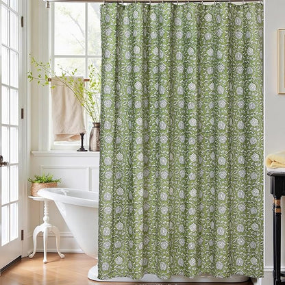MUGINYU Sage Green Floral Shower Curtain Vintage Block Print - 72x72 Inches,Cotton Blend Cloth Fabric Farmhouse Decorative French Country Bathroom Decor, Cottagecore Aesthetic Pattern