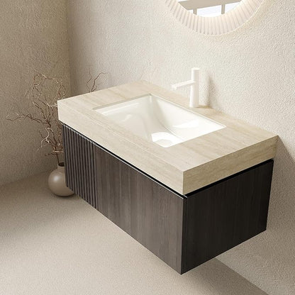 Ambrovina 36" Floating Bathroom Vanity with Sink, Modern Plywood Storage Vanities with Drawer and Door, Roma Travertine-Pattern Countertop and Ceramic Basin, Pre-Assembled Cabinet, Espresso Woodgrain