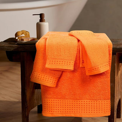 GLAMBURG Ultra Soft 3 Pack Cotton Towel Set, Contains a Bath Towel 28x55 inch, a Hand Towel 16x24 inch & a Wash Coth 12x12 inch, Ideal Everyday use, Compact & Lightweight - Orange