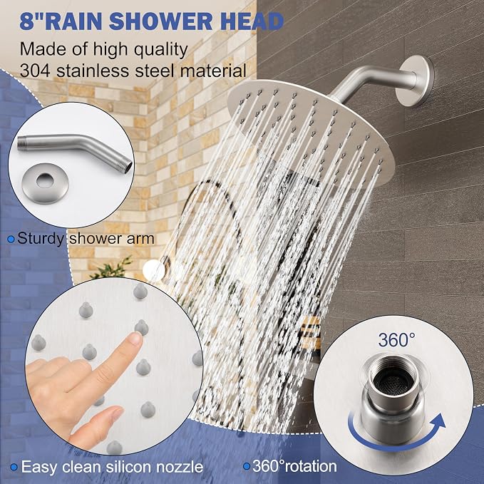 Tub Shower Faucet, Brushed Nickel Shower Faucet Set with 8-Inch All-Metal Rainfall Showerhead and Bathtub Spout, Single-Handle Tub Shower-Trim Kit Included Valve, Brushed Nickel